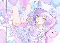  1girl absurdres aki_uzuki3 animal_hat balloon bandaid bandaid_on_leg blush bow cardigan cat_hat chest_harness choker commentary creature full_body gauze_on_knee grey_cardigan hair_bow hair_ornament hairclip harness hat highres iv_stand jewelry leg_warmers looking_at_viewer multicolored_hair necklace open_mouth purple_hair purple_shirt shinomiya_runa shinomiya_runa_(4th_costume) shirt shoes shopping_cart solo streaked_hair t-shirt thigh_strap two-tone_hair virtual_youtuber vspo! white_choker white_hair white_hat yellow_eyes 