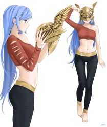  bae_minah_(chaesu) barefoot blue_eyes blue_hair chaesu cosplay crop_top elden_ring helmet highres leggings malenia_blade_of_miquella midriff multiple_views navel off-shoulder_shirt off_shoulder original shirt standing white_background winged_helmet  rating:General score:22 user:BeefyLeafy69