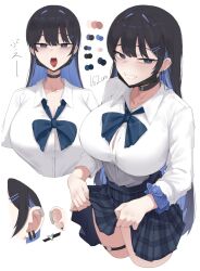  1girl black_choker black_hair black_mask black_skirt blue_bow blue_bowtie blue_hair blue_scrunchie bow bowtie breasts button_gap buttons choker clothes_lift collared_shirt color_guide colored_inner_hair earrings forked_tongue grey_eyes gurenola hair_ornament hairpin heart heart_o-ring height highres jewelry lifting_own_clothes long_hair mask_pull multicolored_hair o-ring o-ring_thigh_strap open_mouth original plaid_clothes plaid_skirt scrunchie shirt skirt skirt_lift smile thigh_strap tongue white_shirt wrist_scrunchie 