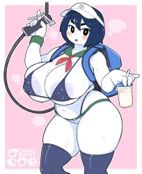  1girl anchor_symbol areola_slip backpack bag bikini black_bikini black_eyes black_thighhighs blue_bag blue_hair blue_nipples blush breasts bright_pupils colored_nipples colored_skin commentary_request cookie_(touhou) covered_erect_nipples cup feet_out_of_frame gamukami highres holding holding_cup huge_breasts looking_at_viewer micro_bikini micro_shorts milk milk_(cookie) murasa_minamitsu navel neckerchief open_mouth pink_background plump red_neckerchief short_hair shorts skindentation solo standing swimsuit thighhighs touhou uriko_(baseball) visor_cap white_pupils white_shorts white_skin 