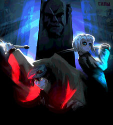  1boy 1girl android arm_up backlighting baggy_clothes bandolier belt beret black_eyeshadow black_hair bloom blue_eyes blue_light bust_(sculpture) coat color_banding color_contrast commentary communism crazy_smile dark dark_room dynamic_pose explosive eyeshadow frown grenade hat highres holding holding_sword holding_weapon hunched_over indoors iskander_(peripeteia) ivantsg lens_eye light_rays makeup marie_(peripeteia) monument painterly parted_lips peripeteia pillar poster_(object) red_light russian_text saber_(weapon) shadow sidelighting smile swinging_weapon sword translation_request vladimir_lenin weapon white_hair yellow_eyes 