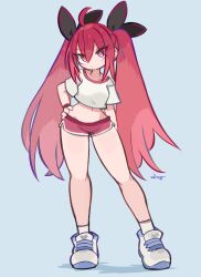 1girl ahoge black_ribbon blush ceroro closed_mouth cropped_shirt date_a_live dot_mouth full_body hand_on_own_hip highres itsuka_kotori long_hair looking_at_viewer navel red_eyes red_hair red_shirt red_shorts ribbon shirt shoes shorts sidelocks solo twintails very_long_hair white_shoes rating:Sensitive score:9 user:danbooru