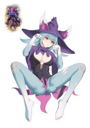  1girl :3 absurdres animal_ear_headwear animal_ears black_dress blue_gloves blue_hair blue_pantyhose breasts c2h5ohh closed_mouth dress elbow_gloves eyelashes fake_animal_ears full_body gloves gradient_gloves hands_up hat highres katress large_breasts light_blue_hair medium_hair palworld pantyhose paw_pose personification plunging_neckline purple_hat purple_sleeves red_eyes reference_inset short_dress simple_background smile solo spread_legs torn_clothes torn_pantyhose two-tone_gloves white_background white_gloves wide_sleeves witch_hat 