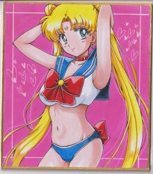  1girl adapted_costume armpits arms_behind_head back_bow bishoujo_senshi_sailor_moon blonde_hair blue_eyes blue_sailor_collar bow bowtie bra breasts choker cleavage collarbone crescent crescent_earrings crescent_facial_mark earrings facial_mark highres jewelry long_hair looking_at_viewer midriff navel panties pink_background red_bow red_bowtie red_choker sailor_collar sailor_moon sailor_moon_narikiri_bra_set sailor_senshi_uniform smile solo transformation_brooch_(sailor_moon) tsukino_usagi underwear underwear_only unofficial_sailor_senshi_uniform user_kztc4472 