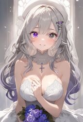  1girl absurdres armpit_crease bare_shoulders bat_hair_ornament bouquet breasts bridal_veil center-flap_bangs cleavage detached_collar dress flower glint gradient_hair grey_eyes grey_hair hair_ornament happy_tears heterochromia highres indie_virtual_youtuber jewelry large_breasts light_blush long_hair looking_at_viewer mole mole_under_eye multicolored_hair purple_eyes purple_flower purple_hair ring second-party_source slit_pupils smile solo straight-on tears upper_body veil virtual_youtuber wedding_dress wedding_ring white_dress yahako yuase_(vtuber) 