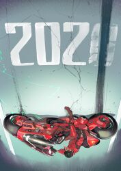  1boy 2020 2021 absurdres afukuro akira_(manga) akira_movie_poster akira_slide biker_clothes black_gloves black_hair clenched_hand crack cracked_floor from_above gloves goggles highres jumpsuit kaneda_shoutarou&#039;s_bike kaneda_shoutarou_(akira) light_trail looking_ahead male_focus motor_vehicle motorcycle movie_poster on_motorcycle pants parody red_jumpsuit red_pants short_hair skid_mark solo sticker sunglasses upside-down vehicle_focus 