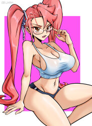  1girl adjusting_eyewear artist_name black_shorts black_socks breasts collarbone feet_out_of_frame glasses hair_ribbon highres highschool_of_the_dead jrpulse large_breasts long_hair midriff navel pink_background pink_hair ribbon shirt shoes shorts simple_background sitting sneakers socks takagi_saya tank_top thighs twintails white_background white_ribbon white_shirt white_tank_top yellow_eyes  rating:Sensitive score:1 user:RomanticDevil