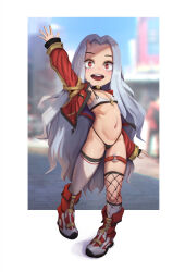  1girl absurdres afrotunaart arm_up black_panties boku_no_hero_academia boots breasts eri_(boku_no_hero_academia) forehead full_body groin highres horns loli long_hair micro_panties navel no_pants open_mouth outdoors panties red_boots red_eyes single_fishnet_legwear single_horn single_sock single_thighhigh small_breasts smile socks solo sports_bra stomach thigh_strap thighhighs thighs underwear waving white_hair white_socks white_sports_bra white_thighhighs 