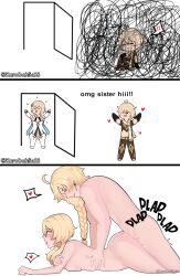 1boy 1girl aether_(genshin_impact) ass blonde_hair braid breasts brother_and_sister chibi comic earrings english_text genshin_impact hair_between_eyes heart heart-shaped_pupils hetero highres holding incest jewelry kurodahlia18 long_hair looking_back looking_down lumine_(genshin_impact) lying medium_breasts nude on_floor on_stomach prone_bone sex sex_from_behind short_hair siblings simple_background smile sweat symbol-shaped_pupils talking tongue tongue_out twincest twins yellow_eyes rating:Explicit score:162 user:KuroDahlia18