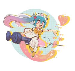  1girl :d absurdres aqua_hair bandaid bandaid_on_arm bandaid_on_face blush bow commentary dress english_commentary fang full_body gradient_hair grid hair_between_eyes hair_ornament hat hatsune_miku heart heart_hair_ornament highres long_hair m@gical_cure!_love_shot!_(vocaloid) multicolored_hair nurse_cap open_mouth orange_bow pink_eyes pink_hair shirotani sitting smile solo star-shaped_pupils star_(symbol) symbol-shaped_pupils syringe tongue twintails very_long_hair vocaloid white_dress 