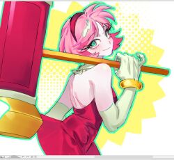  1girl amy_rose backless_dress backless_outfit bare_back bare_shoulders bracelet chaixuxu_0705 commentary_request dress elbow_gloves gloves green_eyes hairband hammer holding holding_hammer holding_weapon humanization jewelry looking_at_viewer pink_hair red_dress red_hairband short_hair smile solo sonic_(series) unfinished weapon white_background white_gloves 