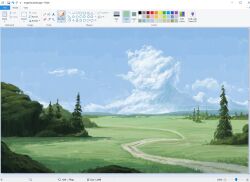  art_program_in_frame blue_sky bush christianyounga cloud cloudy_sky forest landscape microsoft_paint_(medium) mountainous_horizon nature no_humans original outdoors path pine_tree road scenery sky tree 
