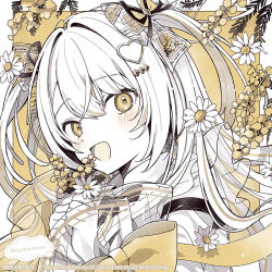  alternate_eye_color black_bow black_bowtie black_ribbon blonde_hair border bow bowtie close-up collar crossed_bangs diamond_hair_ornament double-parted_bangs floral_background flower frilled_collar frills gold_trim hair_between_eyes hair_bow hair_intakes hair_ornament hair_ribbon haku_(kumorimuu) heart heart_hair_ornament holding holding_flower jewelry kumorimuu limited_palette long_hair long_sleeves looking_at_viewer multicolored_hair open_mouth original outside_border own_hands_together ribbon see-through_clothes see-through_sleeves sleeves_past_wrists smile streaked_hair twitter_username two-tone_hair two_side_up white_border white_collar white_flower white_hair wrist_bow wrist_ribbon yellow_background yellow_bow yellow_eyes yellow_flower yellow_ribbon yellow_theme 