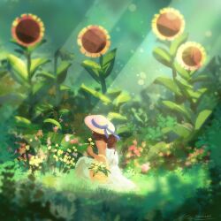  1girl basket blue_ribbon brown_hair dandelion day dress field flower flower_field from_behind green_flower hat holding holding_basket landscape lens_flare light_particles long_hair meadow original outdoors painterly pink_flower ribbon scenery seiza sitting size_difference sleeveless sleeveless_dress solo subsurface_scattering sun_hat sunflower wavy_hair white_dress zandra 