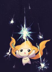  arms_up botati bright_pupils floating full_body gen_3_pokemon highres jirachi legendary_pokemon looking_up mythical_pokemon nintendo no_humans open_mouth pokemon pokemon_(creature) sky solo star_(sky) starry_sky white_pupils 