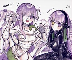  2girls bandage_over_one_eye bandaged_arm bandaged_head bandaged_leg bandages black_bodysuit black_gloves bodysuit breasts dual_persona elbow_gloves fate/grand_order fate_(series) giant giantess gimp_suit gloves green_ribbon hair_ribbon hairband heterochromia highres kingprotea_(fate) latex latex_bodysuit long_hair looking_at_viewer medium_breasts moss multiple_girls naked_bandage noa_pisces o-ring open_mouth purple_eyes purple_hair ribbon sharp_teeth small_breasts smile teeth tongue tongue_out very_long_hair xochitonal_(fate) yellow_eyes 