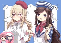  4girls :3 =_= arm_at_side beret black_hair blonde_hair blue_border blue_bow blue_bowtie blue_cape blue_hat blue_shirt blush border bow bowtie brown_hair buttons cape chibi chibi_inset closed_mouth collared_shirt commentary double-breasted dress fingernails grey_jacket grey_necktie grey_shirt hair_between_eyes hair_bow hair_ornament half_updo hanayagi_kaoruko hand_to_own_mouth hand_up hands_up hat highres holding holding_hands isurugi_futaba jacket jewelry layered_sleeves long_hair long_sleeves looking_at_another looking_to_the_side medium_hair multicolored_jacket multiple_girls nail_polish neckerchief necklace necktie official_alternate_costume open_mouth outside_border parted_bangs pendant pink_eyes puffy_short_sleeves puffy_sleeves purple_eyes red_dress red_hat red_nails red_neckerchief ringopai315 rope saijou_claudine sailor sailor_collar sailor_dress sailor_hat shirt short_hair short_sleeves shoujo_kageki_revue_starlight side-by-side sidelocks sideways_glance smile spyglass striped_bow striped_clothes striped_hat striped_shirt tendou_maya translation_request two-tone_jacket upper_body v-shaped_eyebrows very_long_hair wavy_hair white_background white_bow white_jacket white_sailor_collar white_shirt wide_sleeves x_hair_ornament yuri 