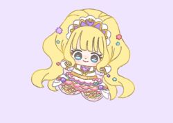  1girl absurdly_long_hair bare_shoulders blonde_hair blue_eyes blueberry blunt_bangs bridal_gauntlets chibi closed_mouth clothing_cutout collared_dress cure_finale delicious_party_precure dot_nose dress eyelashes food food-themed_clothes frilled_shoes fruit hair_ornament hairband heart heart_hair_ornament high_ponytail ichigo_usuhana kasai_amane light_blush long_hair long_sleeves looking_at_viewer magical_girl medium_dress orange_shoes outstretched_arms ponytail precure puffy_long_sleeves puffy_sleeves purple_background purple_sleeves shoes shoulder_cutout sidelocks simple_background smile solo star_(symbol) star_hair_ornament tareme tiara very_long_hair wavy_hair white_bridal_gauntlets white_dress white_hairband 