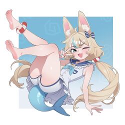  1girl absurdres ahoge animal_ear_fluff animal_ears ass bare_legs barefoot blonde_hair blue_background blue_bow blue_eyes blue_hair blue_nails blue_sailor_collar blunt_bangs bow cat_ears commentary feet fins fish_girl fish_tail flat_chest frilled_sailor_collar frills gradient_background hair_bow hair_ornament highres indie_virtual_youtuber knees_together_feet_apart legs long_hair low_twintails maidcousin multicolored_hair nail_polish one_eye_closed open_mouth sailor_collar sameko_saba short_shorts shorts smile soles solo streaked_hair tail thick_eyebrows thighs toes twintails underbutt v very_long_hair virtual_youtuber 