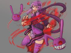  1girl anderhorlo blood blood_in_mouth blood_on_clothes blood_on_face blood_on_hands hair_ornament heart highres hood hoodie jagged_teeth rabbit_ears red_eyes simple_background solo thighhighs tongue tongue_out voiceroid yuzuki_yukari  rating:General score:2 user:pokeball99