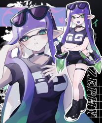 1girl bike_shorts black-framed_eyewear black_background black_choker black_shirt black_shoes black_shorts blush breasts choker closed_mouth commentary eyewear_on_head gradient_hair green_eyes green_hair highres holding holding_weapon inkling inkling_girl inkling_player_character kirakeen long_hair looking_at_viewer multicolored_hair multiple_views nintendo open_mouth outline pointy_ears print_shirt purple-tinted_eyewear purple_hair shirt shoes shorts splatoon_(series) splatoon_3 standing sunglasses symbol-only_commentary teeth tentacle_hair tetra_dualies_(splatoon) thigh_strap tinted_eyewear two-tone_hair upper_teeth_only very_long_hair weapon white_outline 