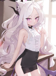  1girl absurdres ahoge animal_ear_fluff animal_ears bare_shoulders bell black_skirt blue_archive blush breasts cat_ears cat_tail collar covered_navel forehead halo highres hina_(blue_archive) horns loli long_hair looking_at_viewer low_wings miniskirt multiple_horns nekoya_(liu) no_panties parted_bangs pencil_skirt purple_eyes shirt skirt sleeveless sleeveless_shirt small_breasts solo table tail thighs very_long_hair wavy_hair white_hair white_shirt wings 