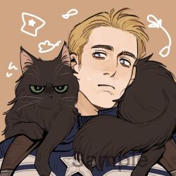  1boy animal animal_ears animal_nose animal_on_shoulder animalization black_cat black_fur blonde_hair blue_bodysuit blue_eyes bodysuit brown_background bucky_barnes captain_america captain_america:_the_winter_soldier captain_america_(series) cat cat_ears cat_tail closed_mouth commentary_request green_eyes half-closed_eyes highres looking_at_animal looking_at_another marvel marvel_cinematic_universe sample_watermark short_hair simple_background star_(symbol) steve_rogers superhero_costume sweatdrop tail upper_body watermark yiqianbixin 