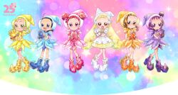 6+girls ahoge ankle_boots aqua_dress aqua_eyes aqua_hat aqua_sleeves artist_request asuka_momoko bead_bracelet beads blonde_hair blue_boots blue_gloves blush boots bow bracelet brooch brown_eyes character_name child closed_mouth copyright_name curled_ends dot_nose double_bun dress dress_bow earrings eighth_note english_text forehead fortissimo fujiwara_hazuki full_body glove_cuffs gloves hair_bun hair_ornament hair_rings hair_tie half_updo hand_on_own_hip harukaze_doremi hat high_heel_boots high_heels jewelry knees_apart_feet_together layered_dress light_particles logo long_hair low-tied_hair_ring low_twintails magical_girl majorika makihatayama_hana multiple_girls musical_note musical_note_hair_ornament official_art ojamajo_doremi open_mouth orange_boots orange_dress orange_gloves orange_hat orange_sleeves own_hands_clasped own_hands_together pearl_earrings pink_boots pink_dress pink_eyes pink_gloves pink_hat pink_sleeves pointy_footwear puffy_short_sleeves puffy_sleeves purple_boots purple_dress purple_eyes purple_gloves purple_hat purple_sleeves red_hair second-party_source segawa_onpu semi-transparent_background senoo_aiko short_dress short_hair short_sidetail short_sleeves simple_background sparkle sparkle_background split_mouth star_(symbol) toei_animation tongue training_tap twintails very_long_hair white_boots white_bow white_dress white_gloves white_hat white_sleeves white_wings wing_hair_ornament winged_boots wings witch witch_hat yellow_boots yellow_dress yellow_eyes yellow_gloves yellow_hat yellow_sleeves 