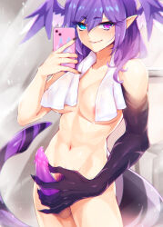  1futa animal_penis asymmetrical_arms black_nails blue_eyes breasts cellphone dragon_tail erection female_pubic_hair fingernails futanari hair_between_eyes hand_on_own_penis head_wings heterochromia highres holding holding_phone large_breasts long_fingernails looking_at_viewer medium_penis navel nijisanji nijisanji_en penis phone pointy_ears pubic_hair purple_eyes purple_hair ricegnat selen_tatsuki smartphone solo tail testicles towel towel_around_neck uncensored virtual_youtuber wet wings 