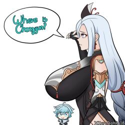  1boy 1girl aunt_and_nephew blind_spot_(meme) breasts chongyun_(genshin_impact) genshin_impact highres kurodahlia18 large_breasts leotard meme older_woman_and_younger_man shenhe_(genshin_impact) 