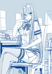  10s 1girl :o alternate_costume aoki_hagane_no_arpeggio bespectacled blush bow chair crossed_legs female_focus glasses highres long_hair looking_at_viewer luzi mole mole_under_mouth monochrome open_mouth short_sleeves signature sitting sketch skirt solo takao_(aoki_hagane_no_arpeggio) thighhighs uniform very_long_hair  rating:Sensitive score:19 user:danbooru