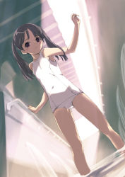 1girl blush cameltoe dutch_angle female_focus highres kawata_hisashi loli one-piece_swimsuit original partially_submerged school_swimsuit solo swimsuit twintails water white_one-piece_swimsuit white_school_swimsuit  rating:Questionable score:24 user:baquea