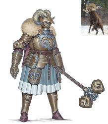  1boy armor commentary creature_and_personification english_commentary fake_horns fur-trimmed_armor fur_trim gauntlets greaves hammer helmet highres holding holding_hammer horned_helmet horns male_focus original personification photo_inset sheep simple_background solo standing tu_tka white_background 