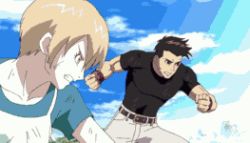  1girl 2boys animated animated_gif anime_screenshot black_hair blonde_hair explosion fighting fist_bump halo_(game) halo_(series) halo_legends helmet lowres monster multiple_boys non-web_source spartan spartan-1337 
