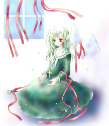  1girl 2000s_(style) alto_seneka bad_id brown_eyes closed_mouth commentary_request cross dress expressionless feathered_wings flower full_body green_hair long_hair maria-sama_ga_miteru rose rusty_soul sailor_collar sailor_dress solo toudou_shimako white_flower white_rose white_sailor_collar white_wings window wings 