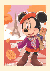  1girl absurdres alternate_costume animal_ears baguette boots bread eiffel_tower food fruit gamorangetana gloves grapes highres leaf looking_at_viewer mickey_mouse_&amp;_friends minnie_mouse mouse_ears mouse_girl open_mouth shirt skirt smile solo sweater white_gloves 