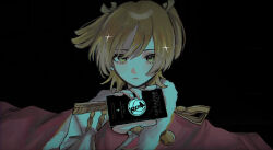  :| aiguillette black_background blonde_hair cellphone closed_mouth commentary_request daiba_nana dark english_text epaulettes expressionless fingernails fur-trimmed_jacket fur_trim giraffe_(revue_starlight) green_eyes grey_jacket hair_between_eyes hair_ribbon hand_up highres holding holding_phone jacket jacket_on_shoulders long_sleeves looking_at_viewer phone red_jacket red_sleeve_cuffs ribbon rom_ht short_hair shoujo_kageki_revue_starlight simple_background smartphone sparkle straight-on two_side_up upper_body 