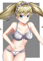  1girl absurdres blonde_hair blue_eyes border bow bow_bra bow_panties bra breasts cameltoe cleavage collarbone cowboy_shot female_focus frilled_bra frilled_panties frills grey_background heavy_object highres lace lace-trimmed_bra lace_trim lemish lingerie looking_at_viewer maid_headdress medium_breasts navel outside_border panties ryuu_shuo simple_background smile solo twintails underwear underwear_only white_border white_bow white_bra white_panties  rating:Sensitive score:8 user:m203