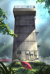  building cloud cloudy_sky commentary_request grass highres kashimuraito ladder mountain no_humans original outdoors railing rain scenery sky umbrella 