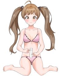 1girl absurdres ahoge bad_id bad_pixiv_id black_ribbon blush bra breasts brown_hair cameltoe collarbone female_focus full_body hair_ribbon hakozaki_serika heart heart-shaped_pupils highres idolmaster idolmaster_million_live! lace_trim long_hair looking_down maguroya measuring medium_breasts panties penis_measuring pink_bra pink_panties ribbon ruler simple_background sitting solo sweatdrop symbol-shaped_pupils twintails underwear underwear_only very_long_hair wariza white_background rating:Questionable score:52 user:danbooru