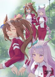  2girls absurdres animal_ears blue_bow blue_eyes blush bow brown_hair bush closed_eyes commentary english_commentary hair_bow highres horse_ears horse_girl horse_tail imminent_hand_holding jacket jtleeklm long_hair looking_at_another looking_back mejiro_mcqueen_(umamusume) mixed-language_commentary multicolored_hair multiple_girls open_mouth outdoors pants ponytail purple_eyes purple_hair red_track_suit smile streaked_hair tail tokai_teio_(umamusume) tracen_training_uniform track_jacket track_pants track_suit umamusume white_hair yuri 