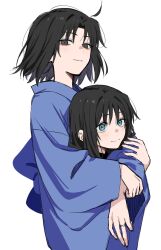  2girls ahoge black_eyes black_hair blue_eyes blue_kimono blush commentary_request egomeshi height_difference highres hug hug_from_behind japanese_clothes jewelry kara_no_kyoukai kimono long_hair looking_at_viewer mother_and_daughter multiple_girls ring ryougi_mana ryougi_shiki short_hair simple_background wedding_ring white_background wide_sleeves 