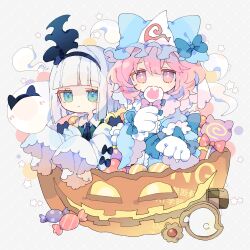  +_+ 2girls absurdres animal_ear_headwear animal_hands ascot black_ascot black_hairband blue_hat blue_kimono blunt_bangs blunt_ends blush_stickers candy checkerboard_cookie closed_mouth collared_shirt commentary cookie eating fake_animal_ears food gloves green_eyes green_vest grey_background hairband hat highres holding holding_candy holding_food holding_lollipop jack-o&#039;-lantern japanese_clothes kimono konpaku_youmu konpaku_youmu_(ghost) lollipop long_sleeves looking_at_viewer mob_cap multiple_girls nikorashi-ka paw_gloves pink_eyes pink_hair saigyouji_yuyuko shirt short_hair simple_background sleeves_past_fingers sleeves_past_wrists symbol-only_commentary touhou triangular_headpiece vest watermark white_gloves white_hair white_shirt wrapped_candy 