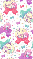  1boy 1girl angoramon body_fur bow brown_hair commentary_request digimon digimon_(creature) digimon_ghost_game floppy_ears furry furry_male green_bow highres jin_(jin3jin3) long_hair purple_bow rabbit_boy red_bow tail tileable tsukiyono_ruli white_background yellow_fur 
