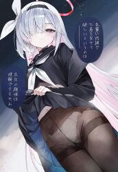  1girl absurdres black_eyes black_hairband black_pantyhose black_sailor_collar blue_archive braid clothes_lift colored_inner_hair grey_hair gusset hair_over_one_eye hairband halo highres lifting_own_clothes loli long_hair looking_at_viewer multicolored_hair navel_peek neckerchief panties panties_under_pantyhose pantyhose plana_(blue_archive) red_halo sailor_collar school_uniform serafuku single_braid skirt skirt_lift solo speech_bubble suujiniku thighband_pantyhose translation_request underwear  rating:Sensitive score:33 user:danbooru