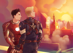  2boys arc_reactor arethusa_smile armor avengers_(series) back belt black_gloves black_hair blonde_hair blue_bodysuit blue_eyes bodysuit brown_belt brown_eyes building captain_america chinese_commentary city closed_mouth cloud cloudy_sky cowboy_shot evening facial_hair fingerless_gloves fingernails full_armor gloves highres iron_man looking_to_the_side male_focus marvel multicolored_armor multiple_boys outdoors power_armor red_armor short_hair sky skyscraper standing steve_rogers sun superhero_costume teeth tony_stark tower yellow_armor yellow_sky 