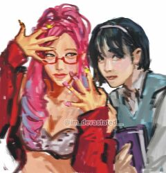  2girls alien_stage animal_print artist_name black_hair blue_hair blue_vest book commentary english_commentary glasses hairband high_ponytail highres holding holding_book im_devastated jacket leopard_print looking_at_another looking_at_viewer looking_to_the_side mizi_(alien_stage) multicolored_hair multiple_girls official_alternate_costume pink_hair ponytail red-framed_eyewear red_jacket shirt short_hair spread_fingers streaked_hair sua_(alien_stage) two-tone_hair vest white_hairband white_shirt yellow_eyes 