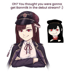  1girl absurdres banmin banmin_chan breasts brown_hair colored_skin eizoku_shizu eyeshadow eyeshadow_under_eye highres hime_cut large_breasts lipstick lolita long_hair makeup military mole permabanned red_eyes thick_thighs thighs virtual_youtuber white_skin 