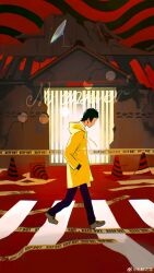  1boy absurdres adachi_tooru black_hair black_pants brown_shoes caution_tape closed_mouth coat crosswalk english_text from_side full_body hands_in_pockets highres hood hood_down long_sleeves male_focus outdoors pants persona persona_4 satellite_dish shoes short_hair solo traffic_cone walking wujiezhiyi yellow_coat 