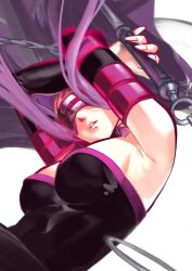  1girl 7enn arms_up bare_shoulders black_dress blindfold breasts cleavage dress facial_mark fate/stay_night fate_(series) forehead_mark highres holding holding_weapon long_hair medium_breasts medusa_(fate) medusa_(rider)_(fate) parted_lips purple_hair solo strapless strapless_dress upper_body very_long_hair weapon white_background 